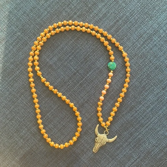 Boho Wooden Bead Bull Skull Necklace - Picture 1 of 7